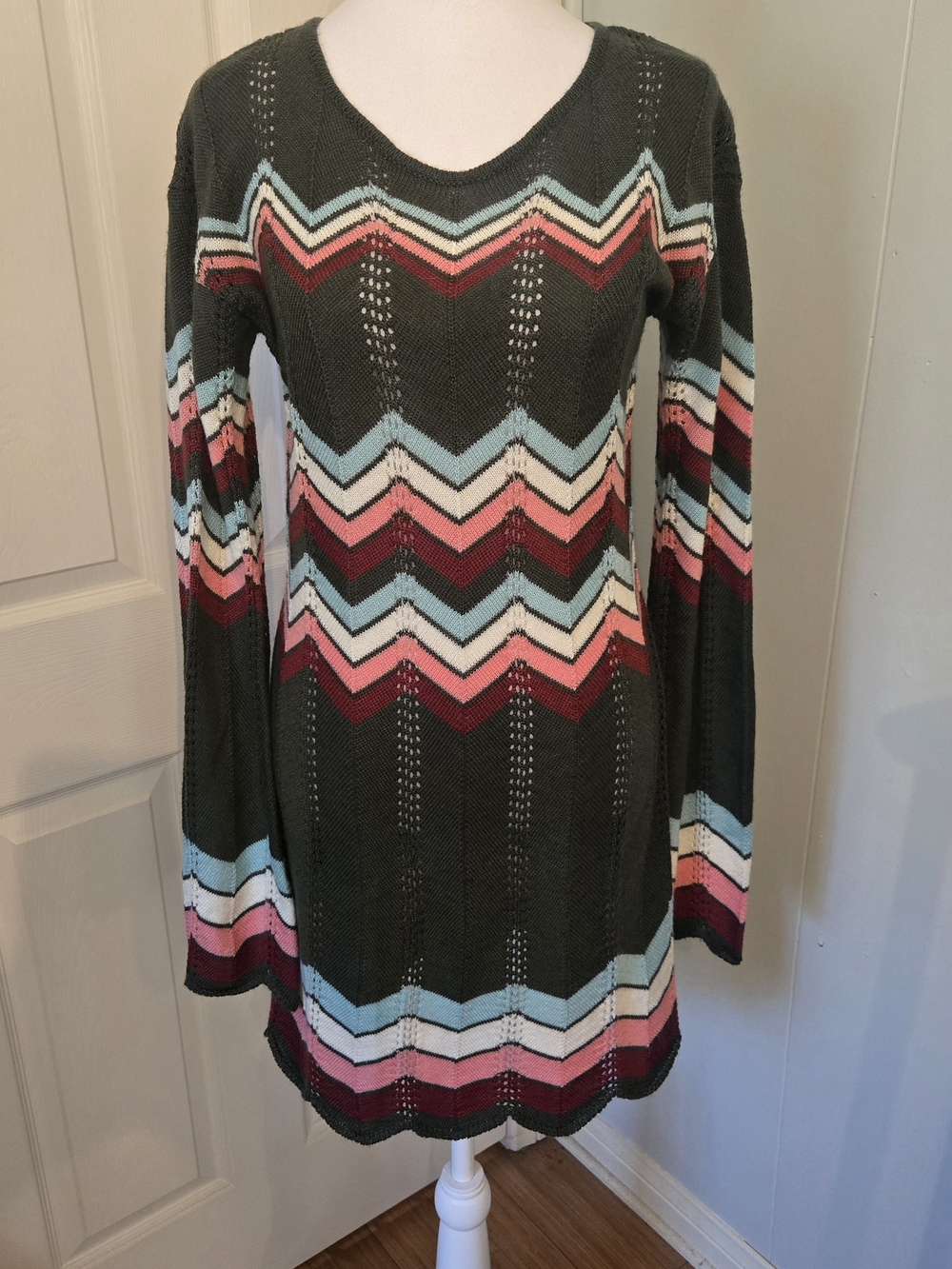 Stoned Immaculate Knit Long-Sleeve Dress in Olive with Multicolor Stripes